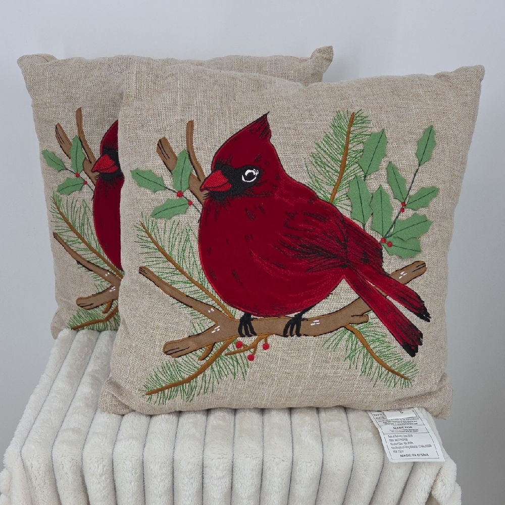 2 St. Nicholas Square Red Cardinal Embroidered Holiday Pillow W/Green Accents
